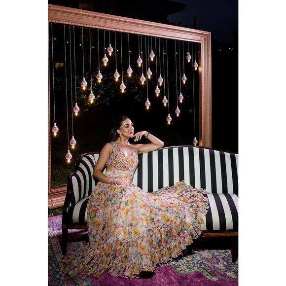 Mac Duggal 9174 Long Formal Multicolored Floral Print Chiffon Gown Dress Size 10 - Picture 1 of 16